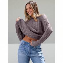 2025  Women's Oversized Cable Knit Crewneck Sweaters - 淡紫褐色 - 查看 4
