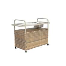 Stolik barowy do użytku na zewnątrz, wózek barowy z wikliny z szafką, wózek do serwowania na patio ze stalowym blatem, z chłodziarką, blokowane koła, kosz boczny do ogrodu, basenu i na podwórko, beżowy - Brązowy - Zobacz 10
