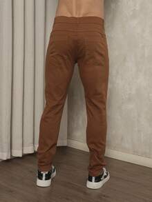 Men's Slim Fit Dress Twill Pants With Built-In Pockets And Lycra - Brown - View 4