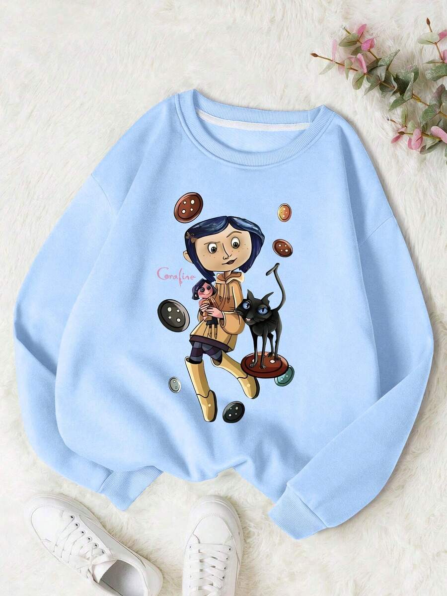 青少年女孩卡通印花运动衫圆领运动衫，适合女孩休闲舒适秋冬时尚服装可爱衣服 - 藍色 - 查看 1