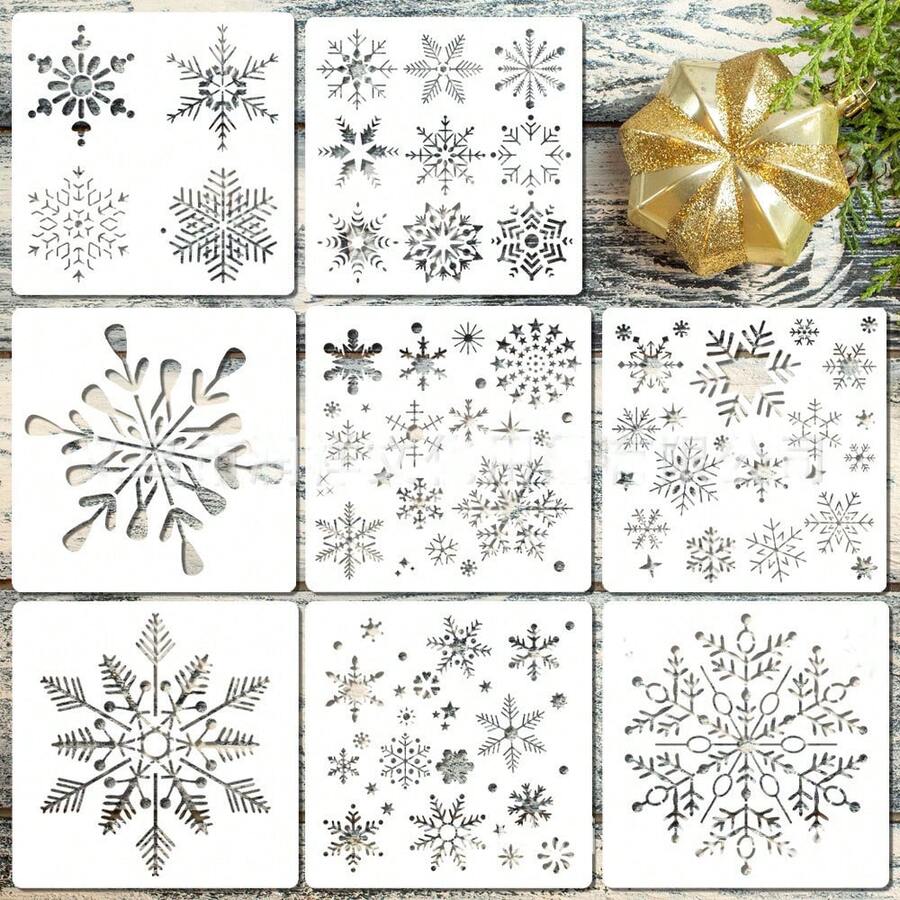 8 件（5.9 X 5.9 英寸）可重复使用的圣诞雪花模板 - 下雪、圣诞快乐、小矮人和节日设计，用于绘画、喷窗和工艺品、圣诞工艺品用品 | 节日模板 | 可重复使用的模板，可重复使用的圣诞模板 - 彩色 - 查看 1