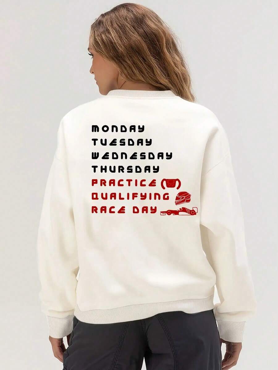 [Racing Sweatshirt] Autumn Winter Graphic Sweatshirt |   Women's Racing Formula Weekly Training Plan Casual Round Neck Long Sleeve Pullover With Monday To Race Day Design, Machine Washable For Motorsport Enthusiasts - màu đen - Xem 1