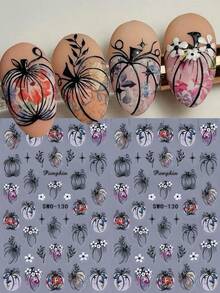 2PCS Fall Pumpkin 5D Embossed Nail Stickers Simple Pumpkin Flowers Black Edge DIY Designs 5D Autumn Nail Art Decals Self-Adhesive Sliders For Women Autumn Thanksgiving Manicure Accessories - 彩色 - 查看 9