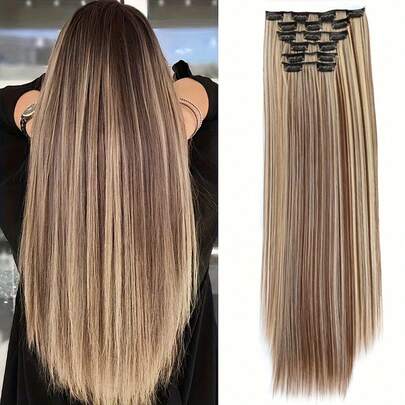 6 Pieces/Set 16 Clip Hair Extensions Black Long Straight Hair Natural Gradual Change Wig Heat Resistant Fiber Women's Hairstyle