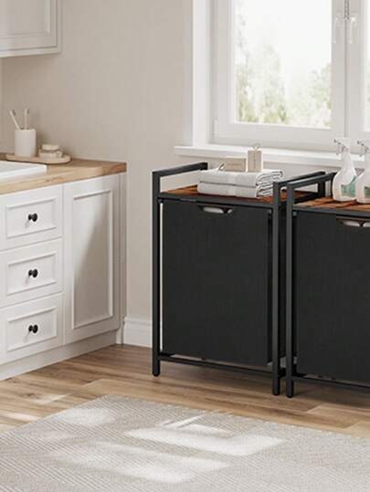 Laundry Basket, Laundry Hamper, Pull-Out And Removable Laundry Bag, Shelf, Metal Frame, 65L, 50 X 33 X 72 Cm, Rustic Brown And Black, Rustic Brown And Black/Black And Grey/White Laundry Baskets Back To School