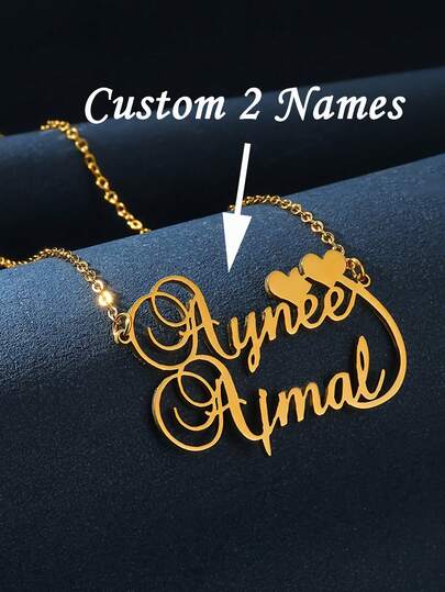 1pc Custom Double Name Necklace, Personalized Couple Lover Name Necklace, Stainless Steel Heart 2 Name Pendant Necklace, Fashionable 18k Gold Plated Stainless Steel Customizable Name, Simple Style, Gift For Her, Stainless Steel Jewelry, Silver, Gold Name Necklace, Suitable For Wedding Bridesmaid Accessories, Birthday, Anniversary, Halloween, Christmas Gifts