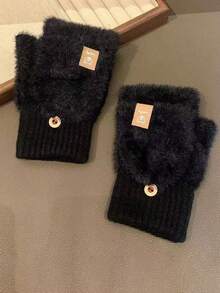 1双女士翻盖半指白色毛绒露指手套，加厚保暖，适合学生秋冬写字骑行，加厚针织露指写字带触摸屏，休闲腈纶