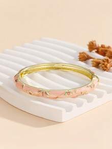 1pc Fashionable New Gold-Plated Small Flower Enamel Bangle, Suitable For Girls And Women - Pink - View 4