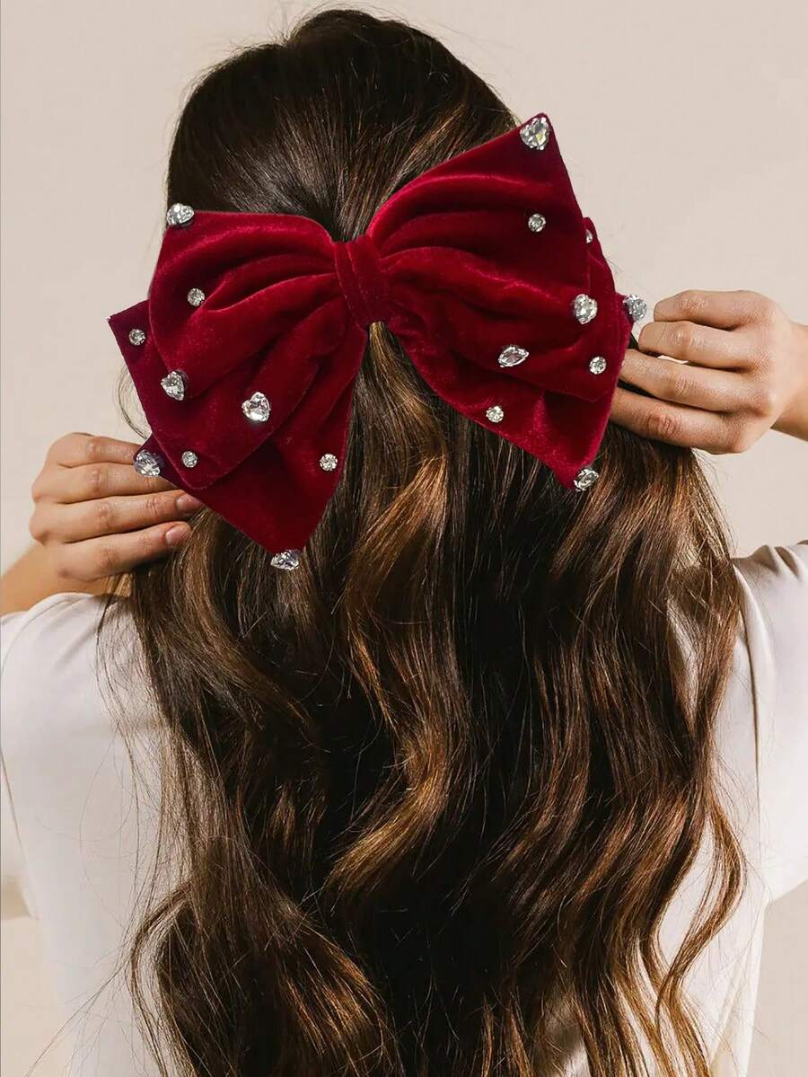 1pc French Rhinestone Bow Heart Shaped Spring Hair Clip, Elegant Solid Color Spring Clamp Hair Accessory, Claw Clips, Hair Slide, Hair Barrettes