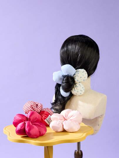 Joivida 1 件纯色山茶花印花大号 3D 海绵发圈，优雅甜美女孩圆形发髻发绳，休闲优雅褶皱荷叶边马尾辫装饰，涤纶纤维发带马尾辫固定器发圈发胶橡皮筋发圈弹性发带