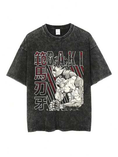 Men'S Vintage Anime Baki T-Shirt - "Baki" Graphic, Round Neck, Casual Cotton Tee with Japanese Text & Character Design, All-Season, Loose Fit, Available in 6 Sizes, Casual Wear | Anime Print Tee | Cotton Fabric