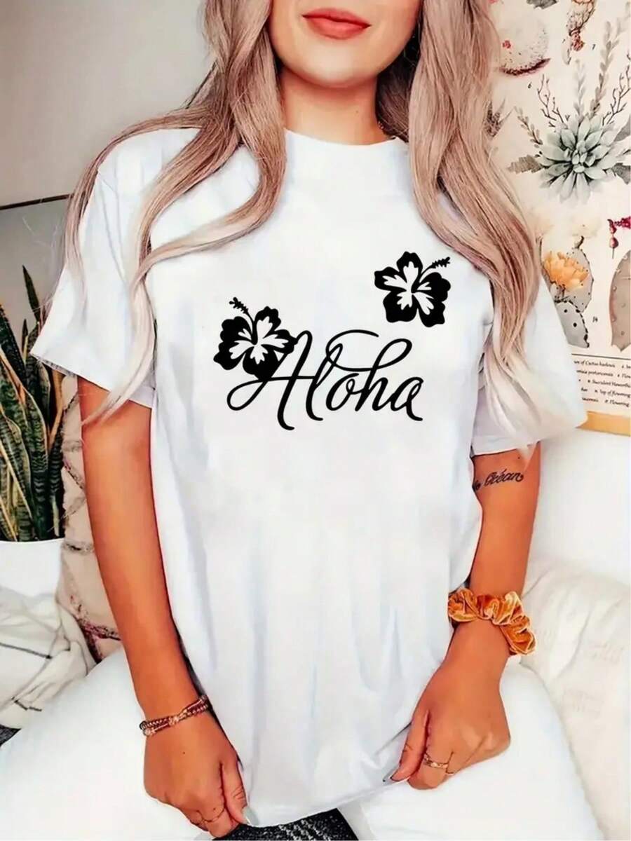 100% single-sided pure cotton, autumn and winter women's T-shirt, casual and fashionable, moisture wicking, printed with floral letters, machine washable, Y2K millennium style cotton T-shirt, graphic round neck, comfortable fabric, fashionable design for sports occasions - Blanco - Ver 1