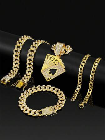 3pcs/Set Business & Casual Jewelry Set: Cuban Link Chain Necklace, Poker Pendant Necklace, Zirconia Bracelet