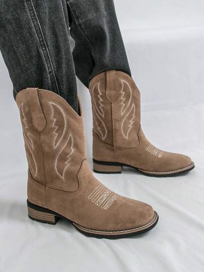 Botas de vaquero de punta ancha con bordados creativos y cordones retro para hombres, botas altas a prueba de viento y para montar, (por favor, elija un tamaño talla grande pequeño)
