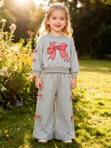 Girls Cute Casual Pullover Set, Girls Loose Fit Sweatshirt Two Pieces Outfit With Bow Decor, Spring/Autumn