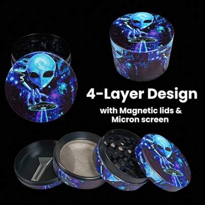 2 Inch Alien Herb Grinder Blue Crusher Mortar Pestle Salt Spice Mill Vanilla Bud Tobacco Portable 4 Sections Manual Zinc Alloy Tobacco Raw Grass Grinder Cigarette Smoking Accessories Gift