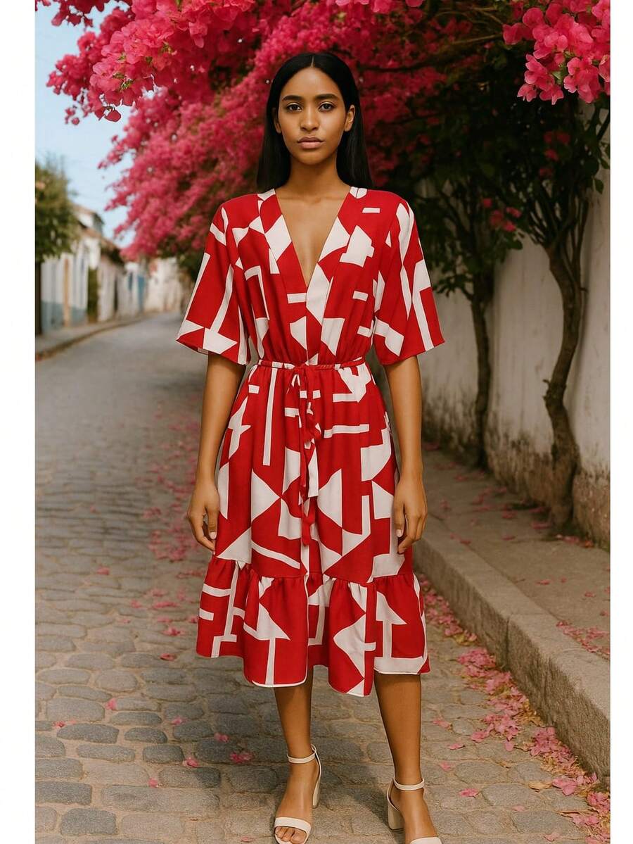 Casual Printed Summer Dress - Red - View 1