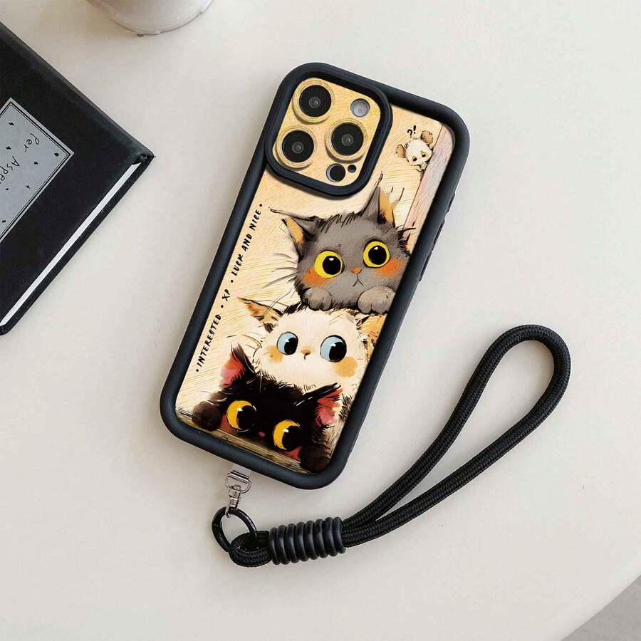 1 حلقة سوداء لرسغ اليد + 1 غطاء هاتف واقي كامل سميك مقاوم للصدمات والخدش بتصميم قطة صغيرة أنيقة باللون الأسود، خيار أنيق للهواة التقنيين، متوافق مع أجهزة أبل/إنفينكس/فيفو/أوبو - الأسود - مشاهدة 1