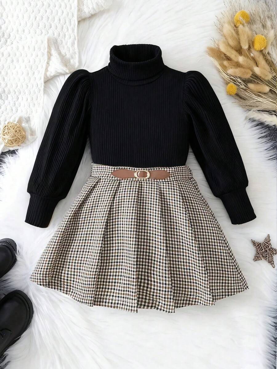 2 件套小女孩长袖针织套头衫 + 千鸟格半身裙套装小女孩服装派对礼物 - 黑色 - 查看 1