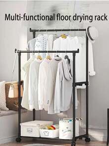 1pc Double Rod Wheeled Clothes Drying Rack With Multi-Layer Storage, Lightweight Luxury Hanging Garment Rack With Rolling Wheels For Bedroom Home Indoor Laundry Organization, Heavy Duty Portable Coat Stand Rack For Commercial Space Closet Storage Solution - Black - View 5