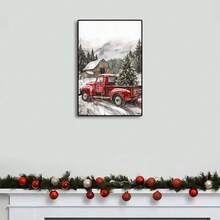 Vintage Red Pickup Truck And Christmas Tree Canvas Art Print - Suitable For Farmhouse Wall Decor In Living Room And Bedroom - Unframed