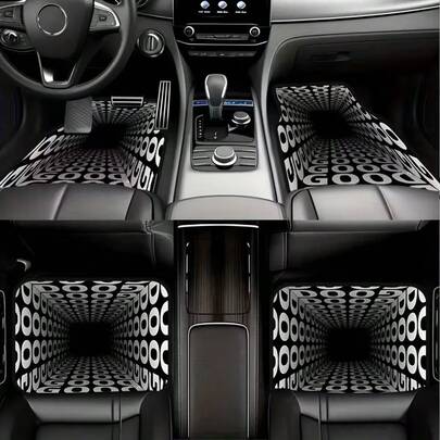 4 Stücke Kristall-Samt Autofußmatten, geometrische Ästhetik, schwarz-weiß bedruckte Autoteppichmatten, geeignet für Limousine, SUV, Ganzjahres-Autofußmatten, Autoinnenausstattung, perfektes Geschenk für Männer und Frauen