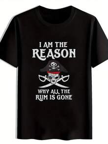 Men'S Casual Graphic T-Shirt - "I Am The Reason Why All The Rum Is Gone" Skull Design, Black Polyester Crew Neck, Summer Essential For Travel, Beach, And Holiday Gifts, Summer Casual Wear| Skull Print Tee| Polyester Fabric - 黑色 - 查看 1