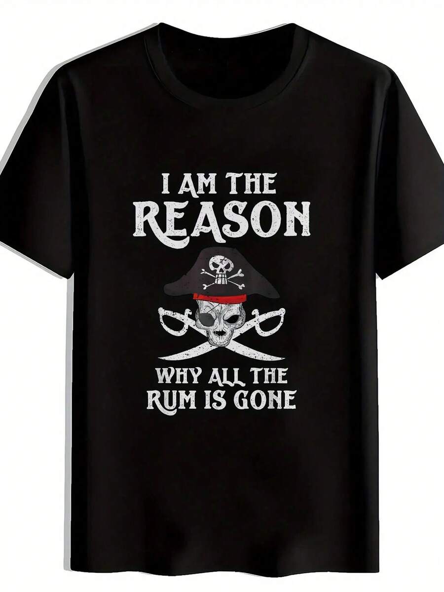Men'S Casual Graphic T-Shirt - "I Am The Reason Why All The Rum Is Gone" Skull Design, Black Polyester Crew Neck, Summer Essential For Travel, Beach, And Holiday Gifts, Summer Casual Wear| Skull Print Tee| Polyester Fabric - 黑色 - 查看 1