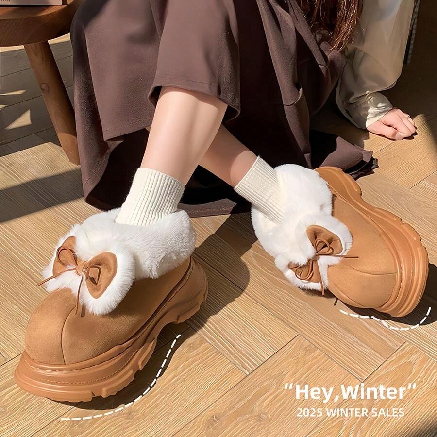 1 Pair Women's Comfortable Thick Sole Warm Snow Boots With Bow Decor, Anti-Slip, Fashion Winter Shoes For Winter