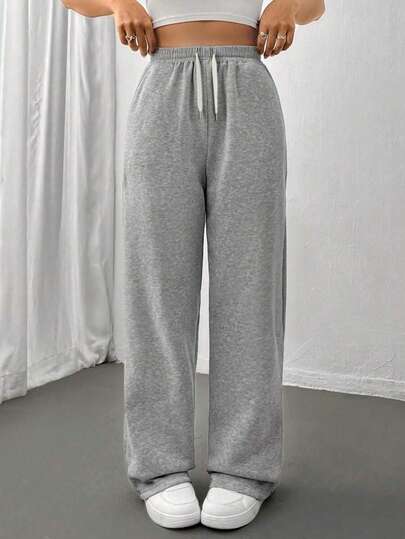 Women's Solid Color Sweatpants, Elastic Waistband, Drawstring Waist, Straight Leg, Comfortable Casual Outdoor Pants, Suitable For Students And Women