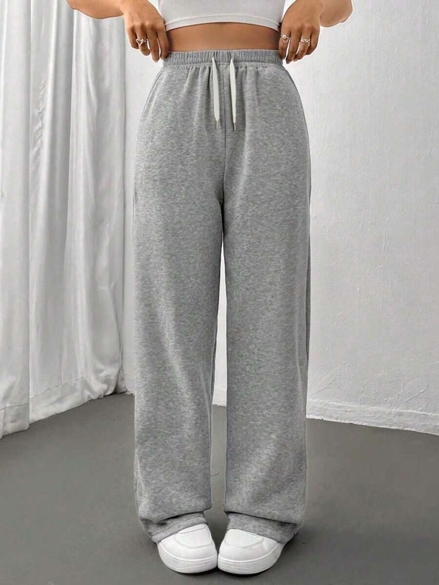 Women's Solid Color Sweatpants, Elastic Waistband, Drawstring Waist, Straight Leg, Comfortable Casual Outdoor Pants, Suitable For Students And Women - Light Grey - View 1