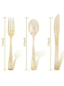 150pcs Transparent & Metallic Shiny Reusable Cutlery Set, Including 50 Knives, 50 Forks, 50 Spoons, Dishwasher , Ideal For Parties/Birthdays/Weddings - Gold - View 4