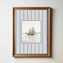 1pc Unframed Vintage Sailboat Poster Blue Striped Coastal Grandma Retro Wall Art Canvas Print Minimalist Nautical Nursery Summer Beach House Decor Painting For Apartment,Living Room,Bedroom,Modern Home Decoration - Multicolor - View 1