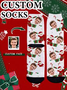 1 Paar unisex individuelle Weihnachts-Socken (Weihnachtsmann, Geschenk, Zuckerstange), weiche Strickware in Schwarz & Weiß, bequem & festlich, geeignet für Weihnachten und Geschenkanlässe - Verschiedenfarbig - Übersicht 2