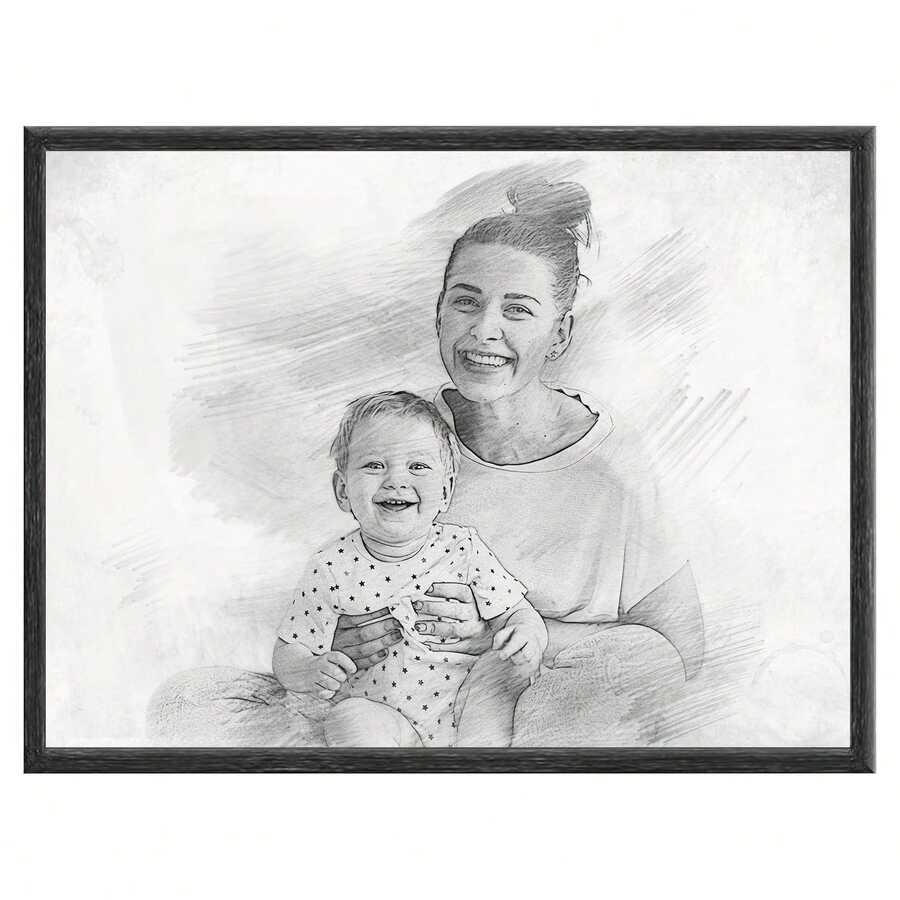 1pc Hand-Drawn Pencil Portrait Effect Canvas Art, Photo To Canvas, Unique Family Partner Pet Memory,Unframed, High-Quality HD Giclee Print, Waterproof Canvas, Universal Holiday Gift