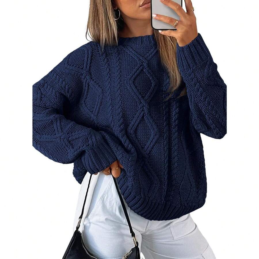 2025  Women's Oversized Cable Knit Crewneck Sweaters - Navy Blue - View 1