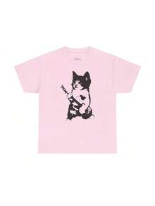2YK Retro Aesthetic T-Shirt Nineties Rock Cat Kitten Rocker Vintage - Baby Pink - View 1