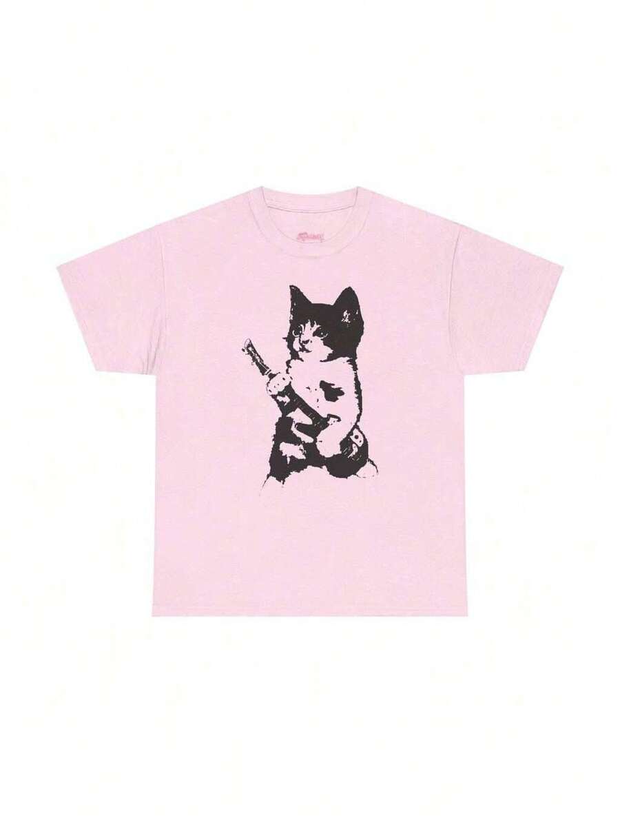 2YK Retro Aesthetic T-Shirt Nineties Rock Cat Kitten Rocker Vintage - Baby Pink - View 1