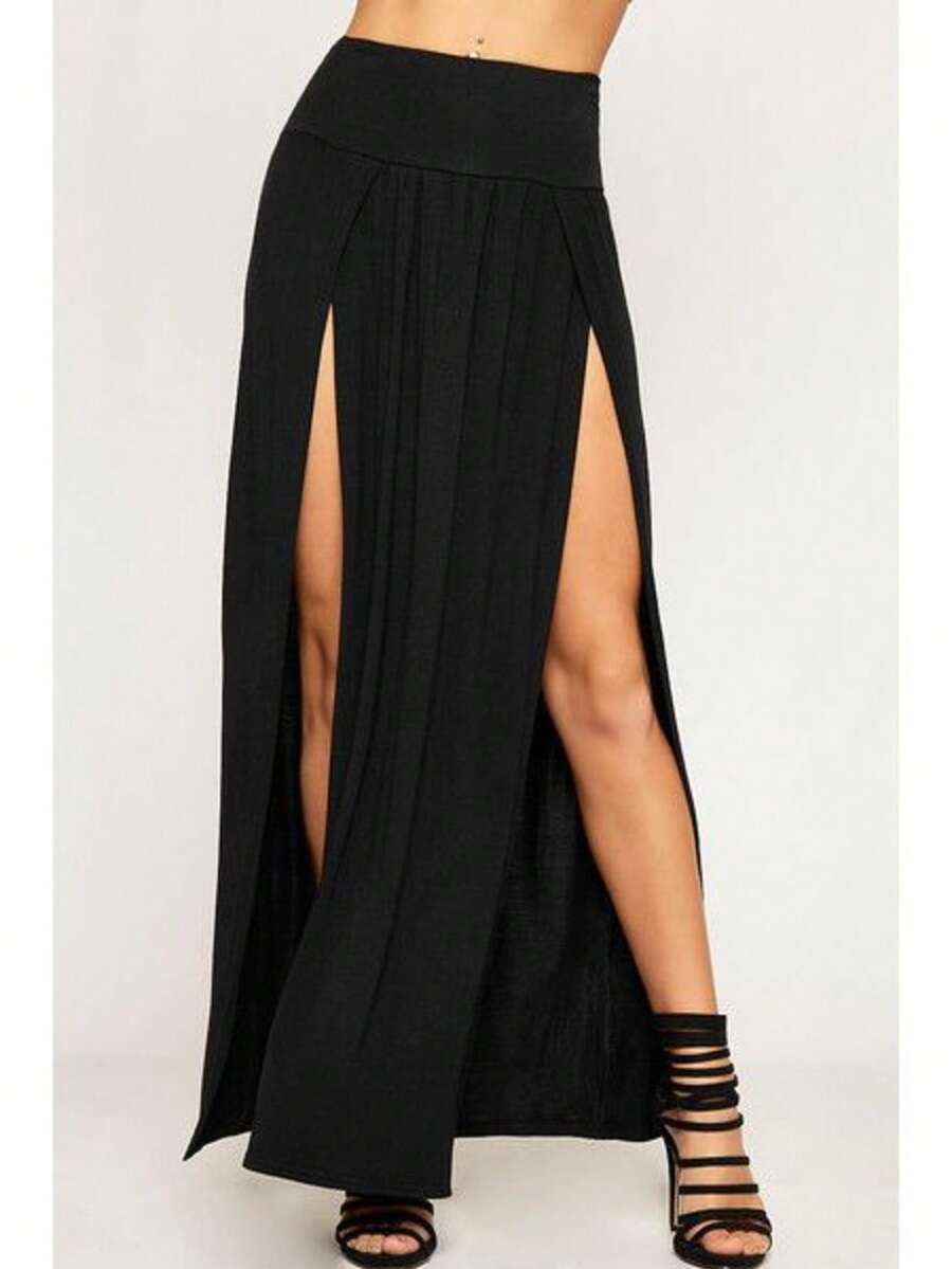 Falda Larga Con Doble Abertura Al Frente  Con Fajilla Alta - Negro - Ver 1