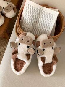 XIXITIAO 1 Paar süße Kuh-Muster Slip-On Hausschuhe, weiche Plüschfütterung, warme Hausschuhe, Farbblock, rutschfeste Sohle, geeignet für Zuhause, Winter