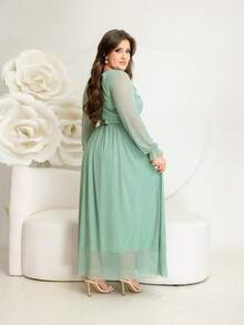 Long Tulle Dress, Plain Fabric, With Belt, Wedding, Holiday - 薄荷綠 - 查看 2
