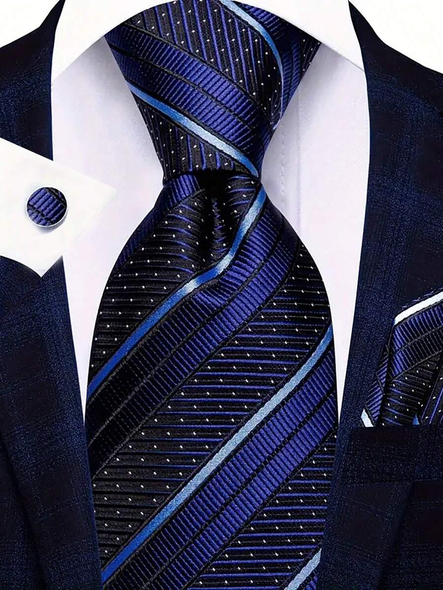 Juego de corbatas para hombres, conjunto clásico de moda con corbata y gemelos para negocios y fiestas - Azul - Ver 1