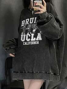 Women's Student Simple Classic Retro American Style Black Personalized Washed Y2K Contrast Letter Print Loose Casual Daily Long Sleeve Sweatshirt, Back To School Autumn/Winter - Black - View 2
