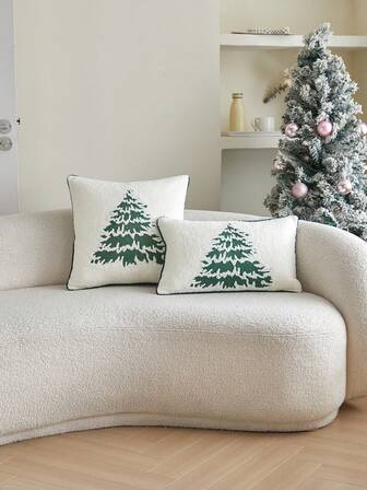 1pc Teddy Fleece Embroidered Pine Tree Throw Pillow Cover, Home Decor Suitable For Living Room, Bedroom, Sofa, Party And Various Environments, All Season