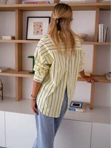 女式后开衩纽扣条纹独特优雅衬衫，条纹纽扣口袋 - 黃色 - 查看 3