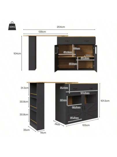 Ausziehbarer Bartisch Mit Stauraum(138 204*39*104cm) 360° Drehbare Essbar,Modern Beweglicher Bar Table,Hochtisch Kücheninsel Bistro Table, Sideboardschrank Regalen,Schwarz view 5