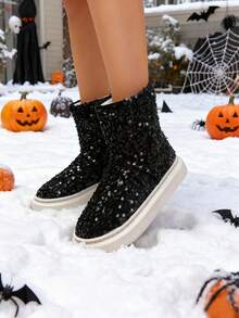 2025 New Women's Halloween Thick-Soled Snow Boots, Fashionable High Heel Furry Shoes, Winter Indoor Home Non-Slip Warm Shoes, Comfortable Soft-Soled Lightweight Slippers, Furry Ankle Boots For Autumn/Winter Indoor Wear - Black Background With Black and Silver Sequins - View 2