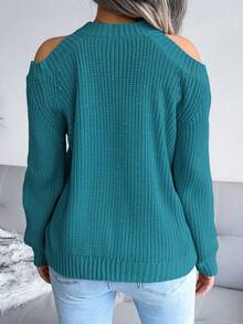Casual Round Neck Off-Shoulder Solid Color Long Sleeve Knit Pullover Sweater, Autumn/Winter Spring - Peacock Blue - View 2