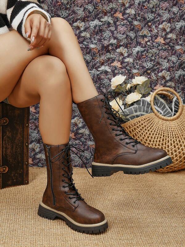 Damen Schnür-Knöchelstiefel, lässig vielseitig täglich bequeme Plateau-Stiefel mit dickem Absatz, kurzer Schaft, Seitenzipp, runder Zehenpartie, geeignet für Urlaubsausflüge, schwarze stilvolle Kurzstiefel, Herbst/Winter