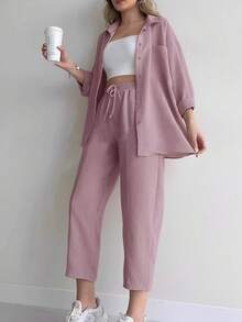 2 件套女式套装：纯色前扣口袋长袖上衣和系腰长裤 - 粉色 - 查看 5